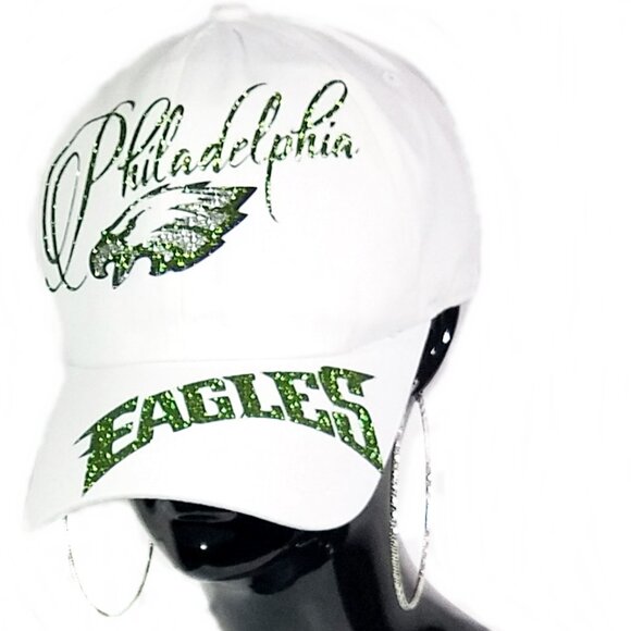 Philadelphia Eagles Football White Fitted Adj. Baseball Cap with Shiny Lettering - Picture 2 of 3